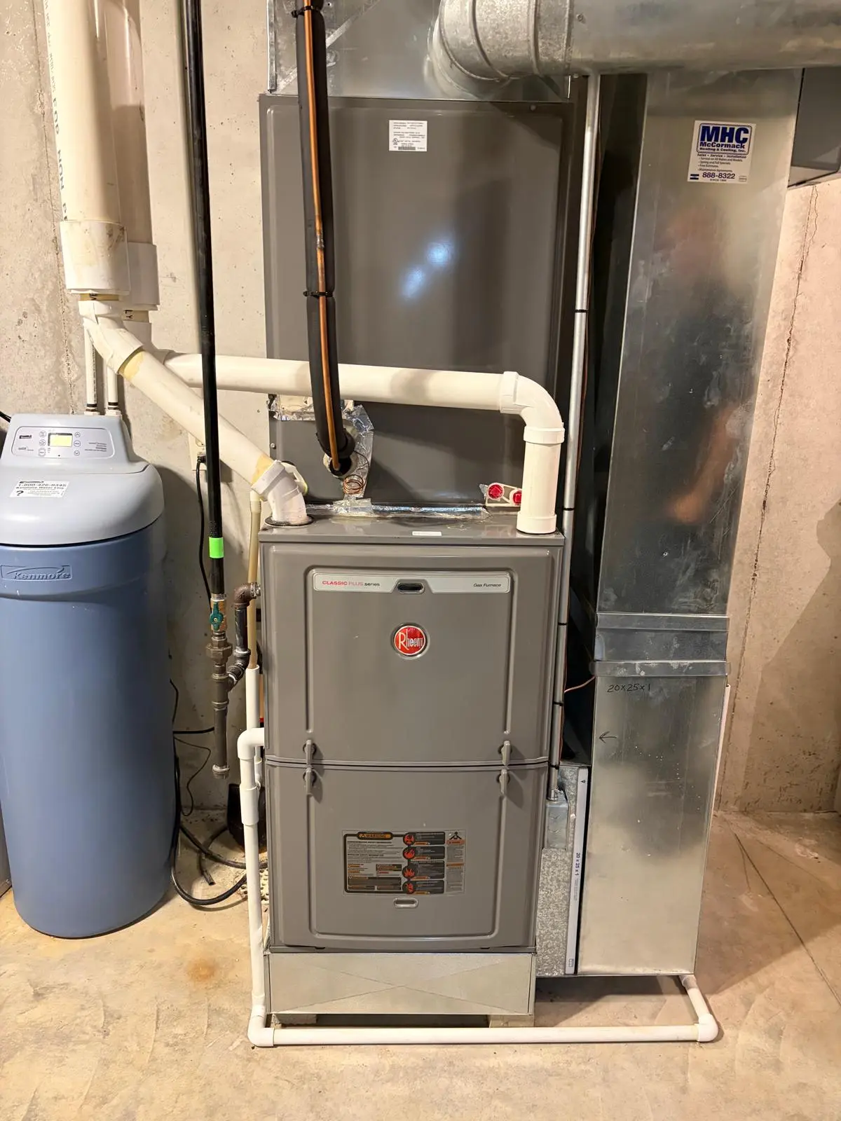 Rheem Classic Plus series gas furnace installation with PVC condensation lines